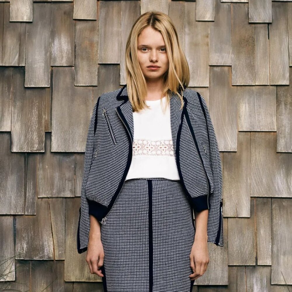 SEA New York Bomber Moto Biker Jacket Navy Blue White Textured Dot Print